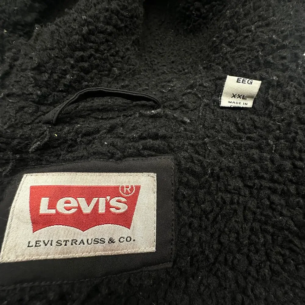 Levis Soft Shell Fleece Sherpa Lined Zip Jacket Mens XXL Black Hooded Pockets